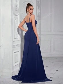Abito da donna con scollo a V, decorato con strass, vita alta, lungo, con schiena aperta e legata, abito da sera formale per il ballo di fine anno o feste