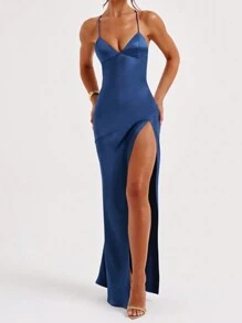 Women's Spaghetti Strap V-Neck High Slit Sleeveless Long Dress, Party Gown, Wedding Guest Dress - 藏蓝色 - 查看 5