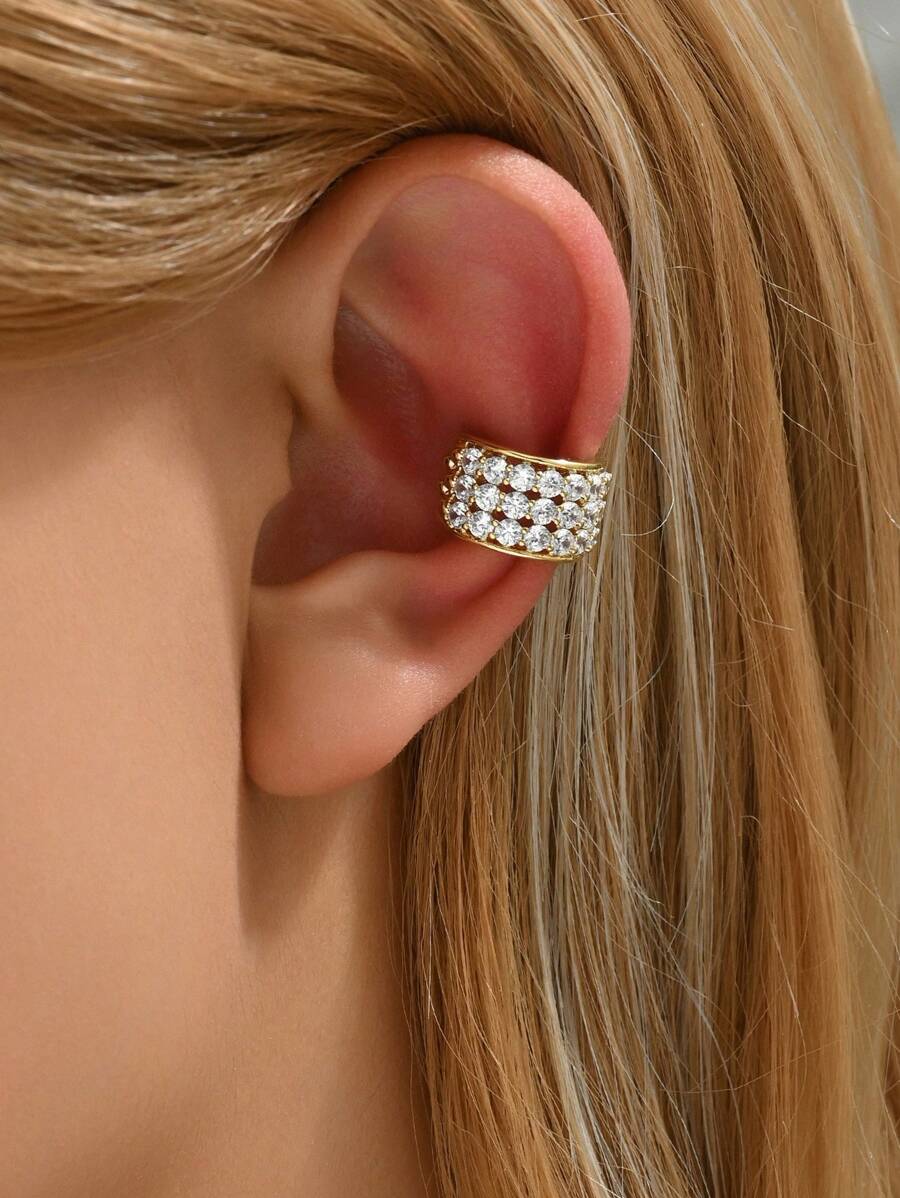 1 chiếc khuyên tai kẹp hình khối Cubic Zirconia ba hàng thời trang tối giản dành cho nữ, khuyên tai kẹp dái tai cho tai không xỏ khuyên, thời trang và đa năng - Vàng - Xem 1