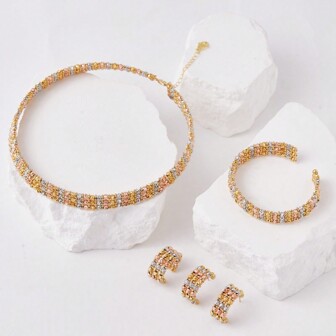 dazzdelic 4pcs Set Assorted Copper Beads 3 Rows Necklace Earrings Open Bangle Ring For Women Formal Wear, Party Accessory & Gift