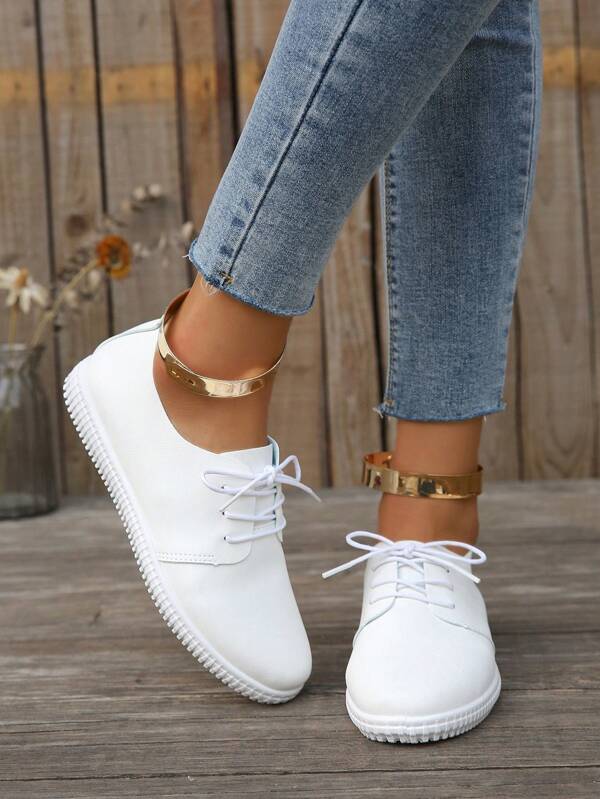 Novos tênis femininos simples e elegantes com cadarço branco, calçados de trabalho confortáveis e casuais com sola macia