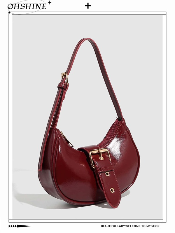 حقيبة كتف نسائية من جلد البولي يوريثان، حقيبة كتف صغيرة متعددة الاستخدامات بطراز عتيق، باللون البرغندي، حقيبة كروس بوادي، حقيبة سرج هلالية الشكل، مع حزام قابل للتعديل، حقيبة برغندي عصرية