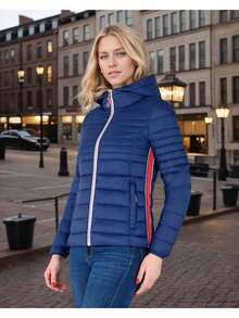 Pufferjacke für Damen, gesteppt, leicht gepolstert, Kapuze, verstaubarer Luftpolstermantel - Blau - Übersicht 1