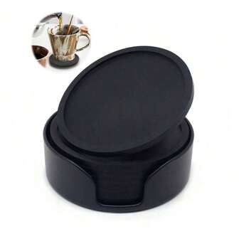 6pcs Black Silicone Cup Coasters With 1pc Plastic Holder