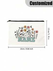 [Custom Made] Polyester Flower Design Cosmetic Bag For Women - Waterproof, Large Capacity,Personalized Name,Unscented, Portable Zip Makeup Pouch, Travel Essential, Gift For Flower Lovers - Exclusive Gift - Beige - View 5