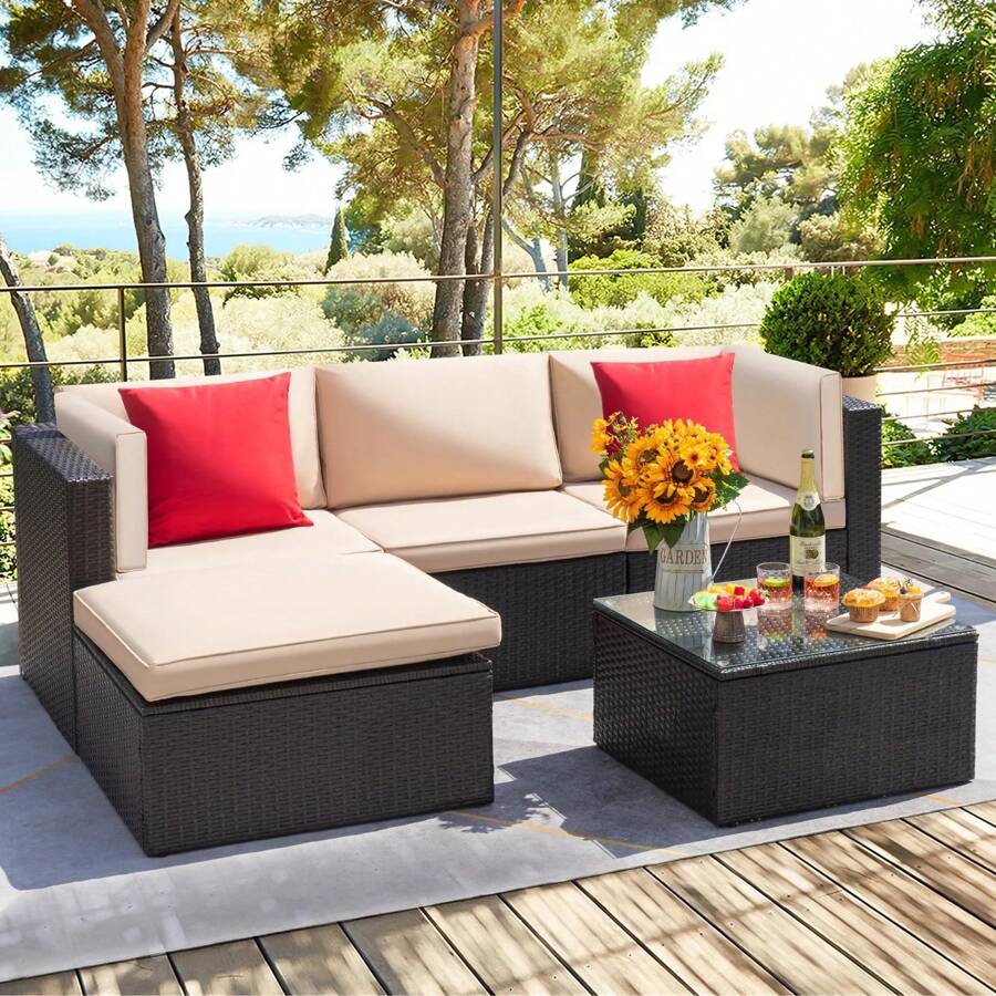 Devoko 5 Pieces Patio Furniture Sectional Outdoor PE Rattan Wicker Lawn Conversation Cushioned Garden Sofa Set - Beige - View 1