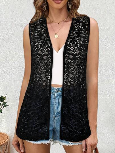 Yukiwi Women's Solid Color Casual Contrast Hollow Out Lace Sleeveless Vest Coat