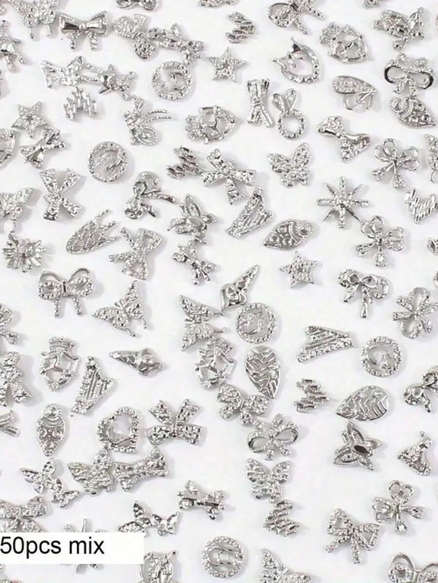 50件混合银色金属美甲装饰品，3D Y2K蝴蝶结、皇冠等多种款式，适用于亚克力指甲和短指甲，美甲饰品配件，适合女性和女孩的美甲用品 - 銀色 - 查看 1