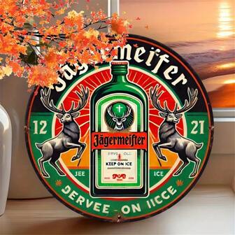 1pc, Jagermeister Vintage 8x8 Inch Round Metal Sign, Durable Aluminum Wall Art For Home & Office Decor, Weather-Resistant, Indoor & Outdoor Use, Ideal For Living Room, Bar, Cafe - Metal Material