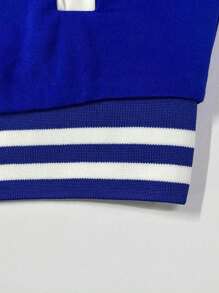 Conjunto de 2 piezas para mujer - Chaqueta de béisbol de un solo botonadura de unicolor y parte superior casual elegante de primavera - blanco azul - Ver 3