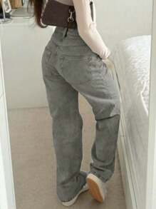 American Casual All-Match Versatile Women Straight-Leg Jeans - Dark Grey - View 2