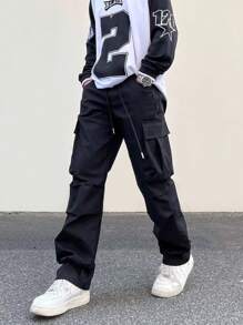 Plus Size Men's Solid Color Casual Cargo Pants - Black - View 2
