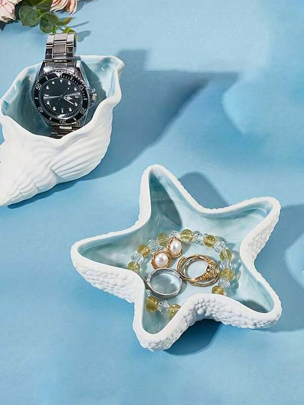 1pc Decorative Ceramic Jewelry Tray, Seashell, Starfish Shaped Trinket Dish, Ceramic Ring Earring Holder, Ocean Theme Decor Plate For Rings, Earrings, Necklaces, Bracelets, Watches, Keys, Home Decor For Bathroom, Bedroom, Office Best