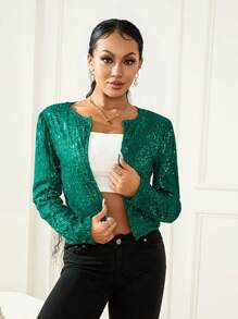 Women Sequin Jacket Solid Color Long Sleeve Open Front Crop Cardigan For Club Party - Dark Green - View 3
