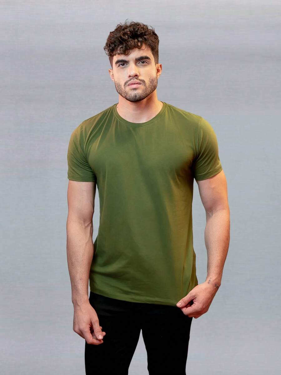 Men's Basic Slim Fit Plain Egyptian Cotton T-Shirt - 軍綠色 - 查看 1