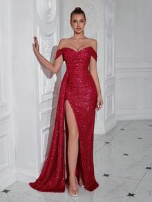 Vestido largo de cóctel y baile con hombros descubiertos, drapeado, abertura alta y lentejuelas, con cinta larga para una noche de cita y baile