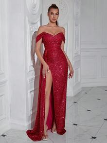 Vestido largo de cóctel y baile con hombros descubiertos, drapeado, abertura alta y lentejuelas, con cinta larga para una noche de cita y baile