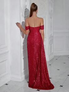 Vestido largo de cóctel y baile con hombros descubiertos, drapeado, abertura alta y lentejuelas, con cinta larga para una noche de cita y baile