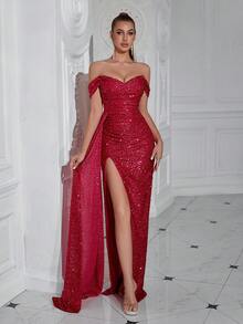 Vestido largo de cóctel y baile con hombros descubiertos, drapeado, abertura alta y lentejuelas, con cinta larga para una noche de cita y baile