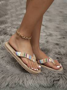 Women's Flat Raffia Wrap Slipper Sandals With Woven Straw Bottom For Summer Vacation - Multicolor - View 1