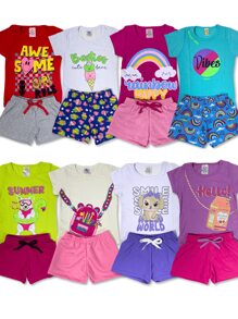 Kit 6 Peças Roupa Infantil Menina Verão 3 Conjunto Sortidos 3 Camisetas + 3 Shorts/Bermudas - Multicolorido - Visão 1