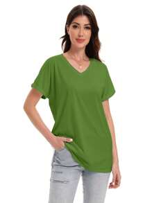 OUTBALL Women's V-Neck Tee Summer Tshirts Casual Short Sleeve Tops Loose Blouse Fit Tunic Soft - màu xanh lá - Xem 5