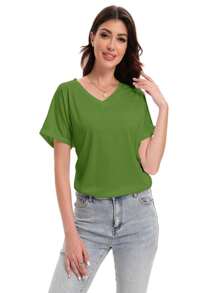 OUTBALL Women's V-Neck Tee Summer Tshirts Casual Short Sleeve Tops Loose Blouse Fit Tunic Soft - màu xanh lá - Xem 4