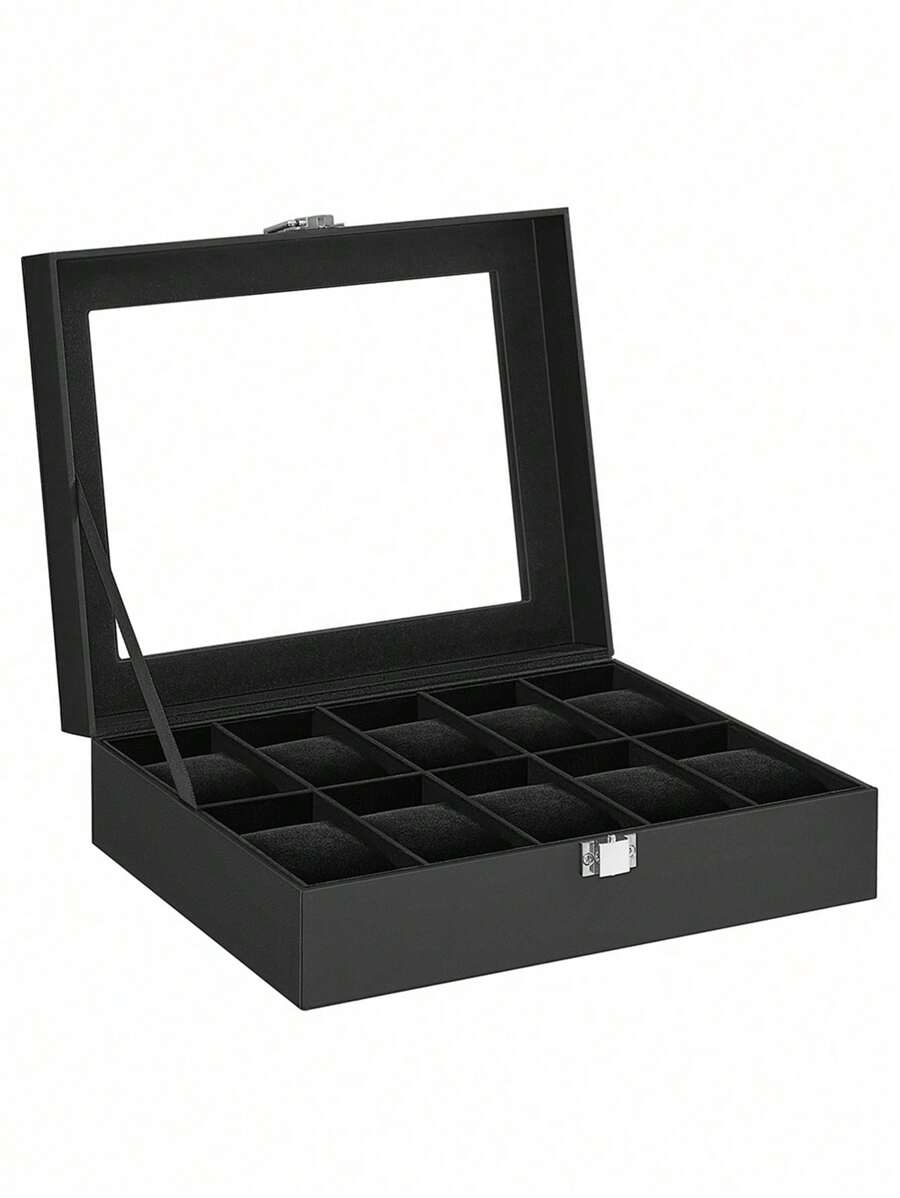 SONGMICS 手表盒，10 块手表盒，带玻璃盖，带可拆卸表枕，金属扣，天鹅绒衬里，礼物，黑色，黑色衬里，返校宿舍收纳 - 黑色 - 查看 1