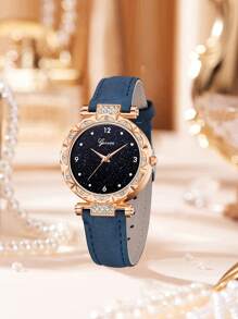 5Pcs Women's Blue PU Leather Strap Fashion Casual Simple Scale Dial Quartz Watch Necklace Earrings Ring Jewelry Set For Daily Wearing Or Gift Giving