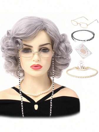 灰色短卷发假发，带刘海，奶奶款假发，适合女士圣诞派对装扮，银灰色奶奶款假发，配件包括眼镜、项链、耳环、手镯套装