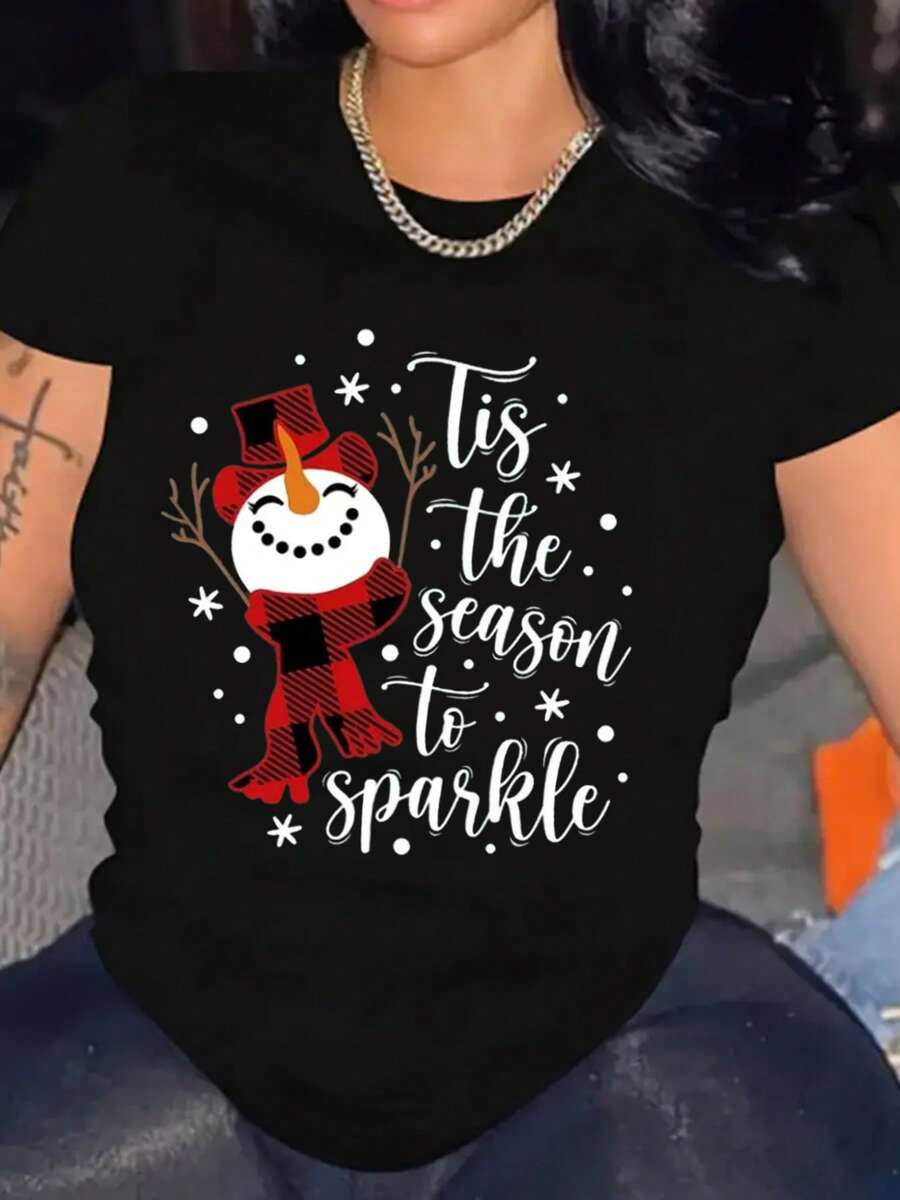 Christmas Snowman Pattern Print Shirt Cotton Women's Stylish T-Shirt Casual Short Sleeve For Daily Wear - màu đen - Xem 1