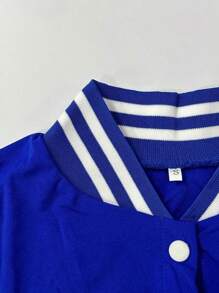 Conjunto de 2 piezas para mujer - Chaqueta de béisbol de un solo botonadura de unicolor y parte superior casual elegante de primavera - blanco azul - Ver 4