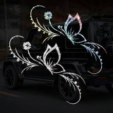 1buc Sparkling Fluture & Floral Decal reflectorizant pentru mașină - Vinil, autoadeziv pentru ferestre, motociclete și laptopuri