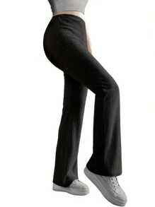 Moda pantalones elásticos color sólido apretado de cintura alta micro pantalones pantalones casuales de las mujeres - Negro - Ver 4