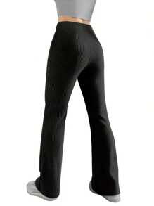 Moda pantalones elásticos color sólido apretado de cintura alta micro pantalones pantalones casuales de las mujeres - Negro - Ver 5