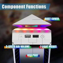 Ventilador Enfriador a Prueba de Polvo para PS 5 con Luz RGB de 7 Modos, Bajo Ruido, Compatible con Edición Digital y con Disco, 3 Velocidades con Botón Táctil Independiente y 2 Puertos USB - Blanco - Ver 8