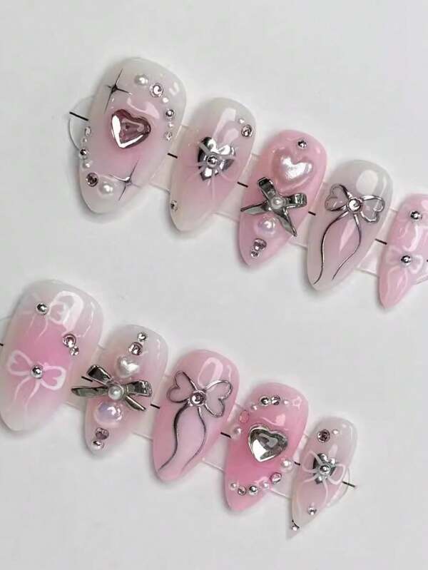 10 Long Almond Nails Valentine's Day Theme Nail Art Design Pink Blush Bow White Pearl Accent Broken Heart Pattern Design Handmade Nails Fake Nails Removable Reusable, Suitable For Women, Girls For Stage, Party, Dance Scene Use, Comes With 1 Sheet Of Jelly And 1 Sheet Of Rubbing Strips Press On Nails