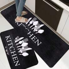 1pc Black Durable, Easy-To-Clean Versatile Kitchen Printed Absorbent Anti-Slip Kitchen Mat,Suitable For Kitchen, Dining Room Decorative Rugs