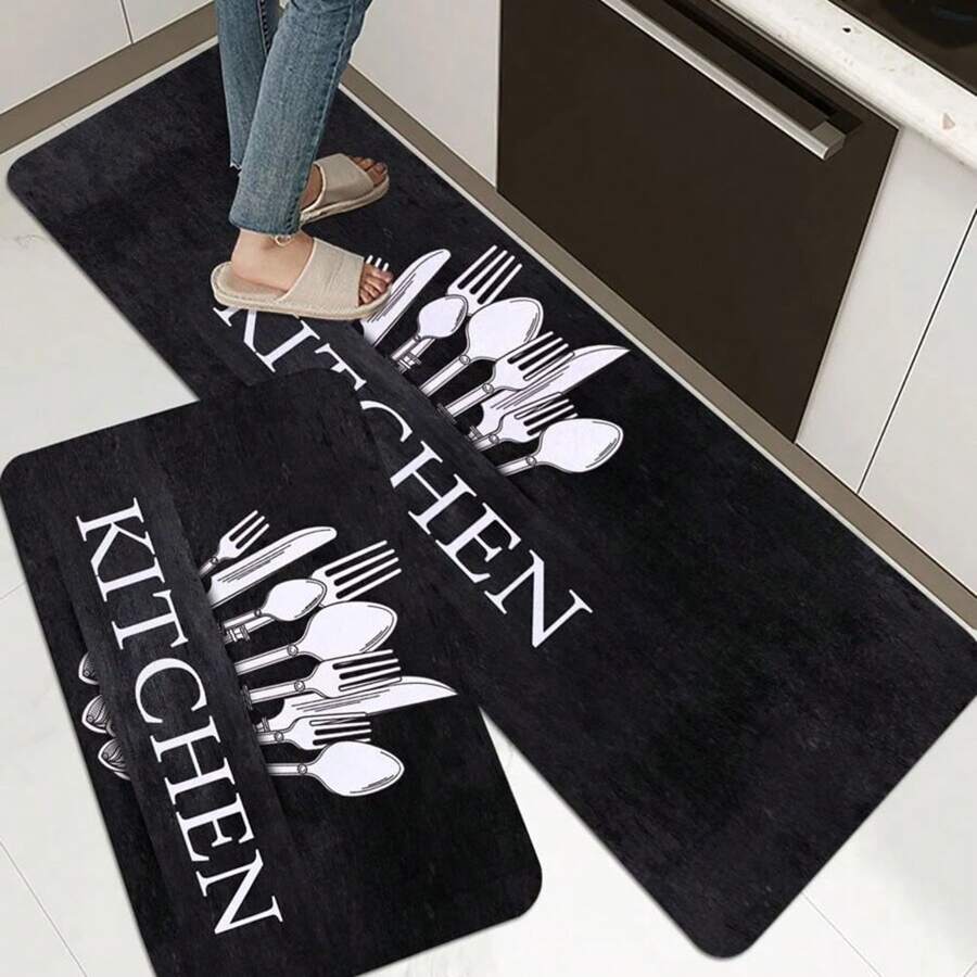 1pc Black Durable, Easy-To-Clean Versatile Kitchen Printed Absorbent Anti-Slip Kitchen Mat,Suitable For Kitchen, Dining Room Decorative Rugs
