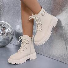 Women's Mid-Calf Boots With Warm Lining For Autumn/Winter, New Arrivals, Solid Color Patchwork Design, 4cm Chunky Heel, Flat Sole, Front Lace-Up+Side Zipper+Side Decorative Buckle, Fashion Boots,Party - Beige - View 3