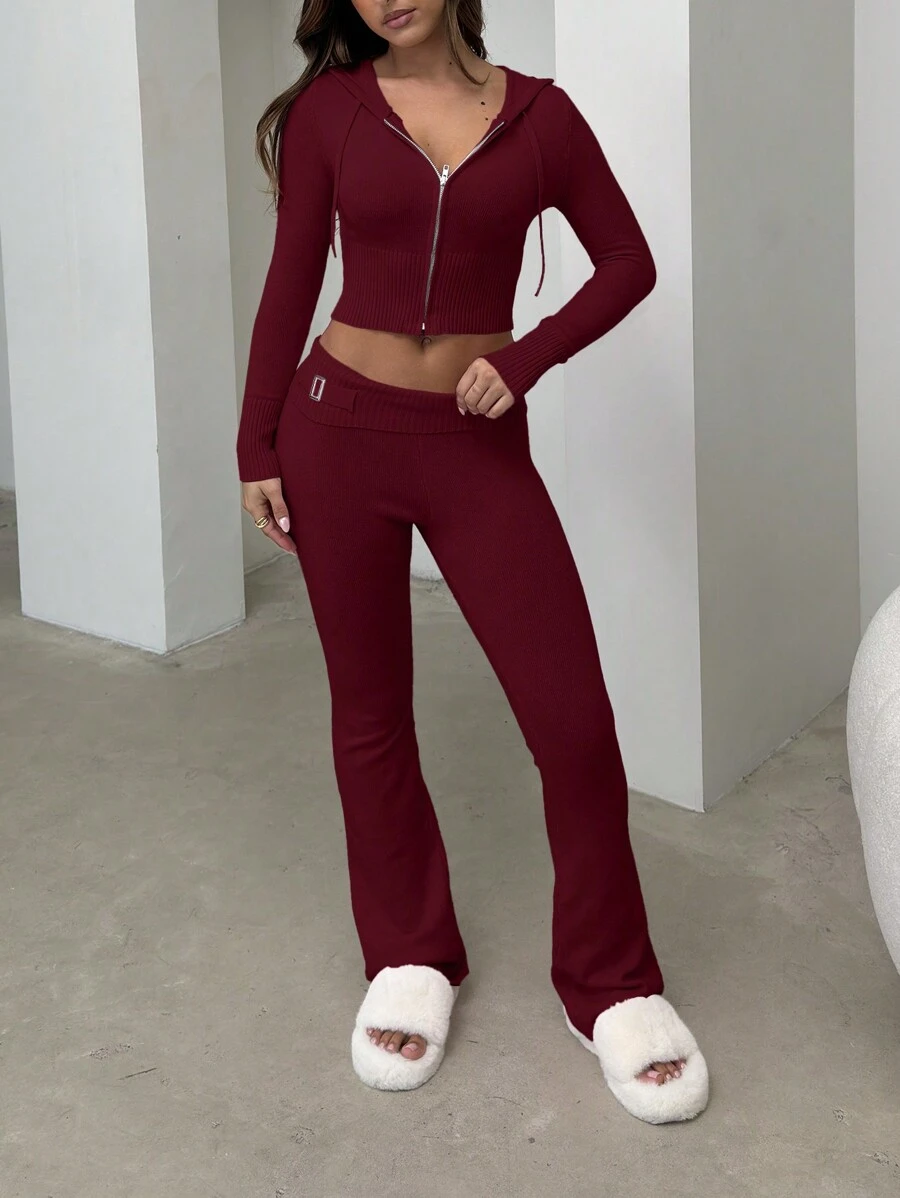 Solid Color Zipper Knitted Hooded Jacket And Elastic Waist Pants Casual Suit - Burgundy - View 1