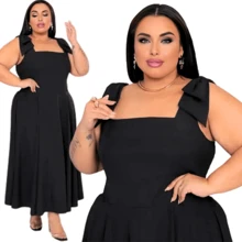 Plus Size Dress Bow On The Shoulder Long Linen Elegant Midi Social Casual Party Wedding Bride Civil Godmother Lined Strap Evangelical Modern G1 G2 G3 46 48 50 52 54 56 Nude Black Blue Green Lilac Premium High Quality - 黑色 - 查看 3