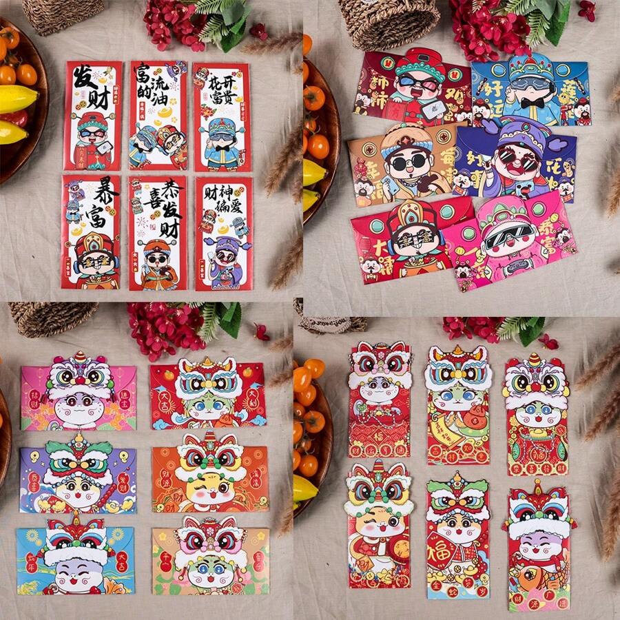 6 bao lì xì đỏ Trung Quốc năm 2025, bao lì xì đỏ may mắn năm Tỵ, thiết kế động vật hoạt hình sáng tạo, phù hợp với nhiều dịp khác nhau như Tết Nguyên đán, đám cưới năm mới, hộp quà tiệc, chất liệu giấy, đồ dùng tiệc, chất liệu giấy