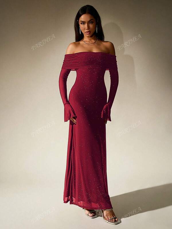 PARTHEA Off Shoulder Ruched Sequin Mesh Long Dress