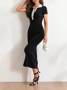 Women Long Dress Patchwork Turn-Down Collar Buttons Short Sleeve Knit Dress Summer Casual Bodycon Dress - Black - View 7