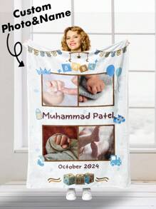 1pc Personalized Custom Flannel Blanket For Children Featuring A Photo Collage Design, Tailored To The Child's Photo. It Is Soft And Warm, Perfect For Commemorating Precious Moments. This Blanket Makes A Great Holiday Gift For Kids, Friends, Babies, And Loved Ones, Suitable For Napping, Camping, And Traveling. Ideal For Birthdays, And Children's Day. Back To School Winter Gift Ideas Boy Girl Valentine's Day - Style 1 - View 1