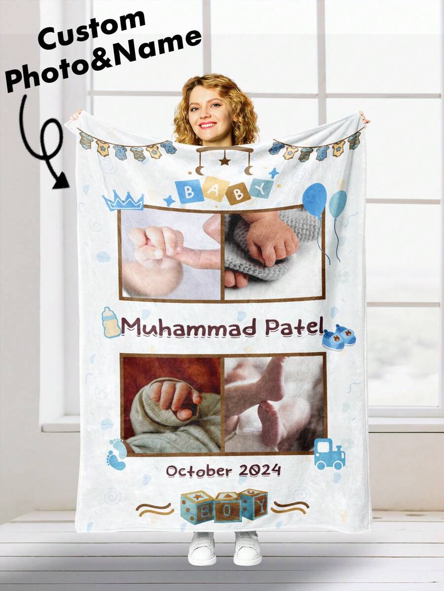 1pc Personalized Custom Flannel Blanket For Children Featuring A Photo Collage Design, Tailored To The Child's Photo. It Is Soft And Warm, Perfect For Commemorating Precious Moments. This Blanket Makes A Great Holiday Gift For Kids, Friends, Babies, And Loved Ones, Suitable For Napping, Camping, And Traveling. Ideal For Birthdays, And Children's Day. Back To School Winter Gift Ideas Boy Girl Valentine's Day - Style 1 - View 1