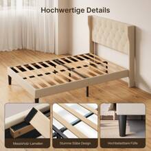 Asofer 140 X 200 Cm Bed Frame, Modern Upholstered Bed Frame With Wing Chair Headboard With Button Stitching, Platform Bed Frame With Solid Wood Slats, Storage Space Under The Bed, Easy Assembly, Valentine's Day Ideas - 米色 - 查看 6