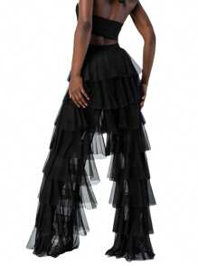 Women Wide Leg Pants, High Waist Layered Tulle Pants Loose Long Trousers Streetwear - 黑色 - 查看 3