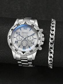 4pcs Set: Men's Business Casual Steel Strap 3-Eye Numeric Scale Large Dial Quartz Wrist Watch + Bracelet